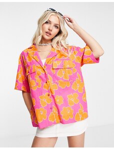 ASOS DESIGN - Camicia squadrata in misto lino con stampa a fiori tropicale rosa acceso e arancione-Multicolore