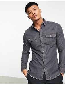 ASOS DESIGN - Camicia di jeans skinny con strappi, colore nero slavato-Grigio