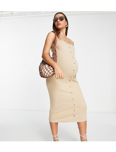 ASOS Maternity ASOS DESIGN Maternity - Vestito midi color sabbia a coste con bottoni e volant sul fondo-Neutro