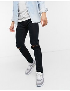 Topman - Jeans skinny in misto cotone elasticizzato nero con strappi - BLACK