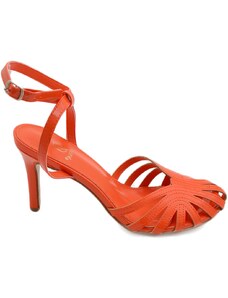 Malu Shoes Sandali tacco donna a fascette arancion lucide effetto vynil anni 60 tacco sottile 8cm cerimonia cinturino alla caviglia