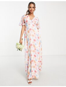 Blume Bridal Blume - Vestito lungo da sposa a portafoglio in chiffon a fiori multicolore con maniche con volant