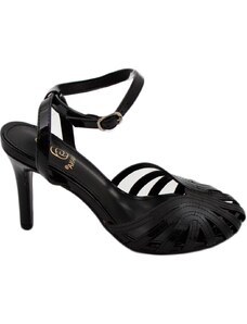 Malu Shoes Sandali tacco donna a fascette nero lucide effetto vynil anni 60 tacco sottile 8cm cerimonia cinturino alla caviglia