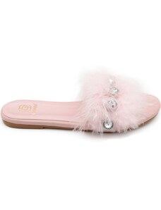 Malu Shoes Pantofoline donna pelliccia peluche pelo con applicazioni rosa cipri voluminosa colorata morbide raso terra moda glamour
