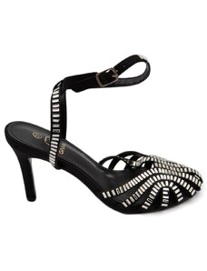 Malu Shoes Sandali tacco donna a fascette nere lucide con applicazioni anni 60 tacco 8cm cerimonia cinturino alla caviglia