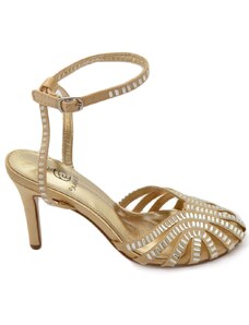 Malu Shoes Sandali tacco donna a fascette oro lucide con applicazioni anni 60 tacco 8cm cerimonia cinturino alla caviglia