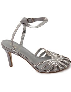 Malu Shoes Sandali tacco donna a fascette argento con applicazioni strass anni 60 tacco 8 cm cerimonia cinturino alla caviglia