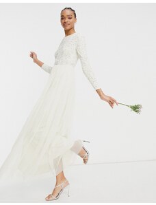 Maya Bridal - Vestito da sposa lungo a maniche lunghe con delicate paillettes e gonna in tulle écru-Bianco