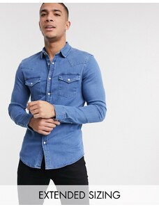 ASOS DESIGN - Camicia di jeans skinny lavaggio medio stile western-Blu