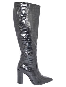 Malu Shoes Stivale donna alto rigido in pelle lucida nero con tacco largo stampa cocco animalier a punta moda altezza ginocchio