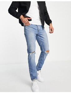 ASOS DESIGN - Jeans slim con strappi sul ginocchio lavaggio blu medio vintage