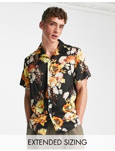 ASOS DESIGN - Camicia comoda in raso nero con stampa a fiori