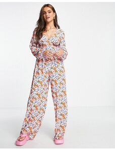 ASOS DESIGN - Tuta jumpsuit a maniche lunghe in crêpe a bolle con stampa a fiori con bottoni sulla schiena-Multicolore
