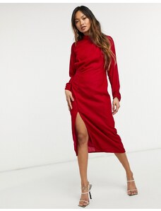 Hope & Ivy - Vestito midi in velluto arricciato con spacco sulla coscia, colore rosso-Rosa