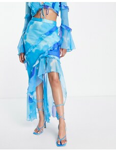 ASOS DESIGN - Gonna midi asimmetrica con volant blu con stampa astratta in coordinato-Multicolore