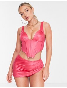 ASOS LUXE - Slip bikini stile gonna avvolgente in raso rosa acceso