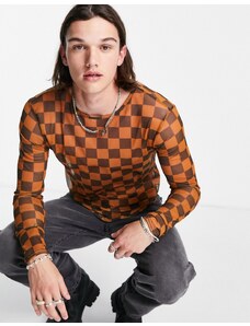 2-Minds - T-shirt trasparente in rete marrone e arancione a quadri ondulati