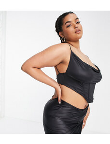 ASOS LUXE Curve - Top bikini a corsetto in raso nero