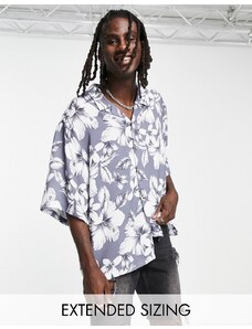 ASOS DESIGN - Camicia oversize con spalle scese con stampa stile hawaiano grigia vintage e rever-Grigio