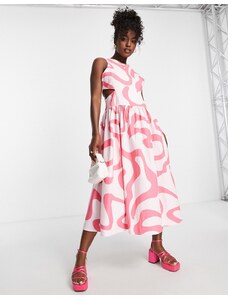 Urban Revivo - Vestito lungo con cut-out laterale rosa con stampa astratta