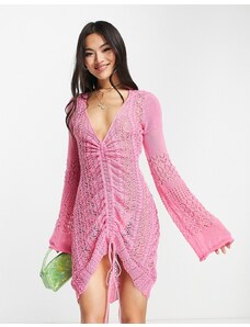 SNDYS - Vestito corto all'uncinetto rosa con dettaglio arricciato e maniche a campana