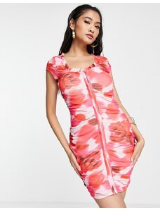ASOS DESIGN - Vestito corto in rete a maniche corte con dettaglio con occhielli e gancetti rosa a fiori sfumati-Multicolore