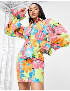ASOS LUXE - Vestito camicia in cotone con stampa a fiori vivaci-Multicolore