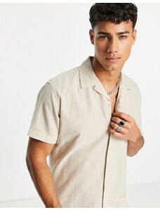 Selected Homme - Camicia con rever a maniche corte in misto lino beige-Neutro