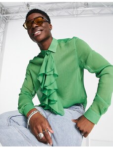 ASOS DESIGN - Camicia vestibilità classica verde trasparente con volant sul davanti
