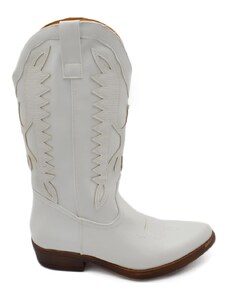 Malu Shoes Stivali donna camperos texani stile western bianco con fantasia laser su pelle tinta unita altezza polpaccio