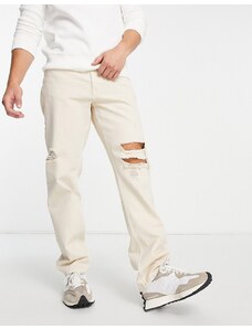 ASOS DESIGN - Jeans ampi dritti écru polvere con strappi-Neutro
