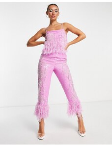 ASOS Edition - Pantaloni rosa con fondo in piume sintetiche e decorazioni floreali