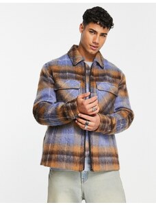 Topman - Camicia giacca in misto lana blu e marrone a quadri