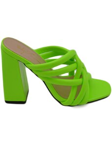 Malu Shoes Sandali donna mules pantofoline sabot verde lime fluo intrecciato con tacco largo alto 10 moda tendenza