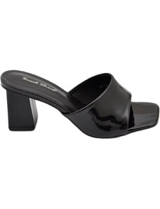 Malu Shoes Sandali donna mules sabot con tacco grosso 7 cm fascetta larga lucidi nero comodo ciabi moda tendenza