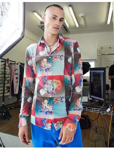 ASOS DESIGN - Camicia skinny elasticizzata in rete a fiori con motivo patchwork-Multicolore