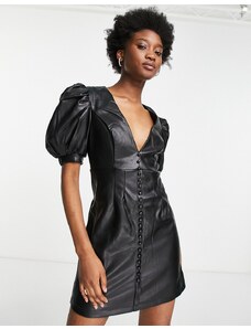 Bardot - Vestito in pelle sintetica con maniche a palloncino, colore nero