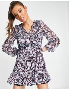Miss Selfridge - Vestito camicia in chiffon con stampa zebrata e volant-Blu