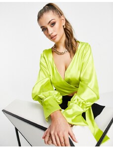 Femme Luxe - Blusa a portafoglio in raso color lime con maniche oversize a palloncino-Verde