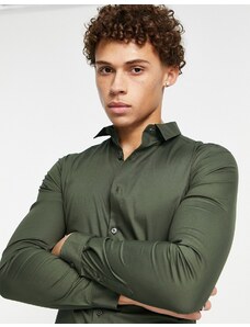 New Look - Camicia attillata a maniche lunghe in popeline kaki-Verde