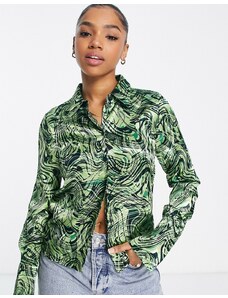 Topshop - Camicia slim con polsini in raso con stampa astratta verde