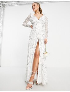Lace & Beads - Vestito lungo da sposa decorato color avorio con strascico-Bianco