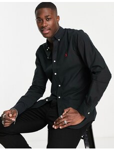 Polo Ralph Lauren - Camicia slim nera in popeline con logo a giocatore di polo e colletto button-down-Nero