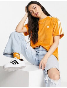 adidas Originals - T-shirt in velluto a coste arancione con 3 strisce