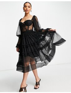 Lace & Beads - Vestito midi in tulle nero con corsetto
