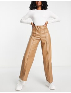 Pieces - Pantaloni in pelle sintetica con fondo ampio, colore cammello-Marrone