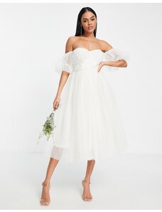 Lace & Beads Bridal - Vestito midi da sposa con spalle scoperte a sbuffo color avorio-Bianco