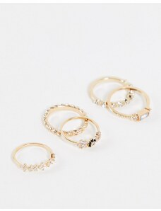 ASOS DESIGN - Confezione da 5 anelli color oro con cristalli e fiori