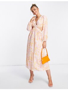 Miss Selfridge - Vestito midi con dettaglio con anello e cut-out con stampa astratta, colore rosa