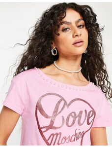Love Moschino - T-shirt rosa con perline sulle finiture e logo glitterato